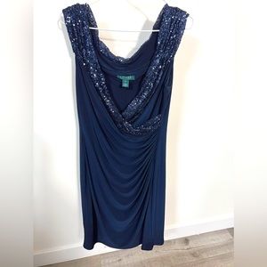 Lauren Ralph Lauren navy knee length evening dress w sequin collar details SZ 14